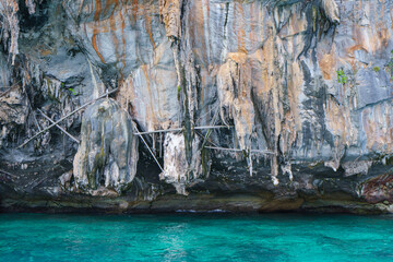landscape Viking cave on Maya island on fantastic emerald lagoon sea at Koh Phi Phi Island Thailand, Pileh Lagoon