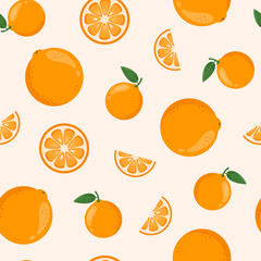 Orange summer seamless pattern. Whole and slices of ripe oranges with green leaves on pastel background. Healthy fruits theme wallpaper. 