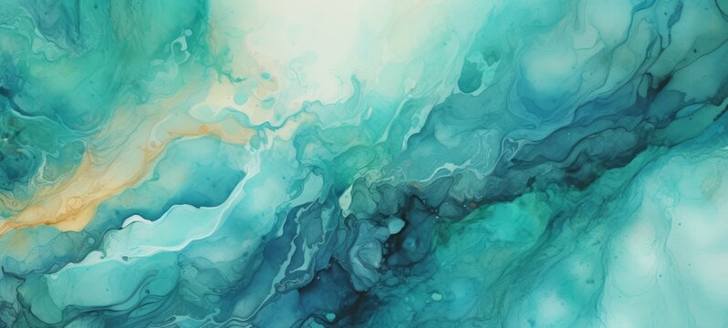 Abstract watercolor paint background illustration - Green turquoise color with liquid fluid marbled paper texture banner texture, Generative Ai