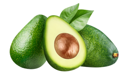 Delicious avocado fruits with leaves, cut out