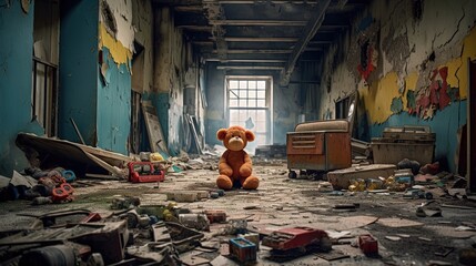 a teddy bear on dirty floor of abandoned house, coved with dust, Generative Ai - obrazy, fototapety, plakaty