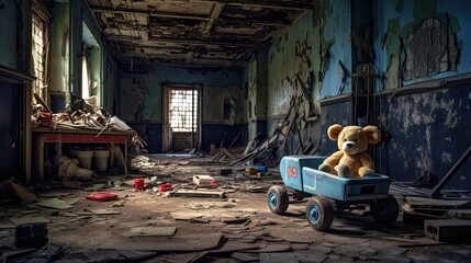 Obraz premium a teddy bear on dirty floor of abandoned house, coved with dust, Generative Ai