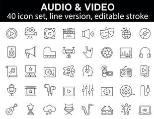 Audio Video Icon set. Thin line icons set. Flat icon collection set.