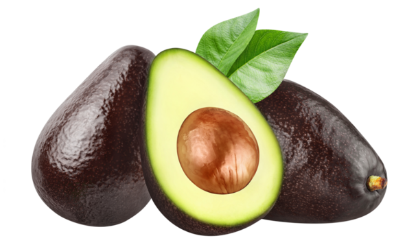 Delicious avocado fruits with leaves, cut out