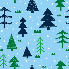winter wonderland forest seamless pattern conifers snow for wrapping paper, wallpaper, greeting card or fabrics