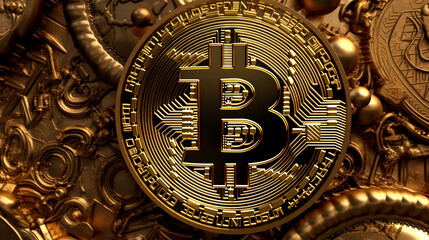 Gold bitcoins close up background, make with Generative AI