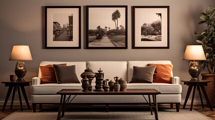 A serene living room with a blank photo frame prominently displayed on a mantel or shelf