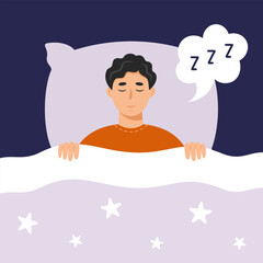 Man lies down and snoring in his bed under the duvet with stars. Night sleep or snore concept. Vector illustration in flat style.