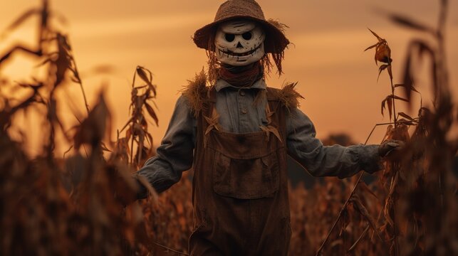 a scarecrow on wheat fields