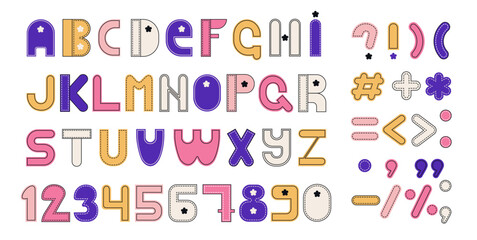 Cute alphabet, numbers, and symbols. Set of funky letters. Vector.