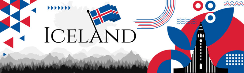 The Icelandic National Day abstract banner design with flag and map. Flag color theme geometric pattern retro modern Illustration design. Blue, red, yellow and white color template.