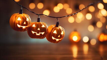 a string of halloween lights with jack'o lanterns hanging from them