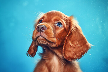 Funny cute puppy of golden cocker spaniel breed on a blue background.AI generated