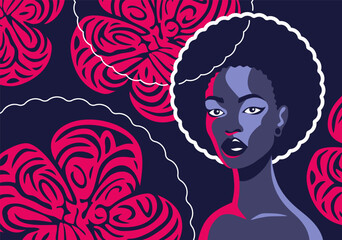 Woman portrait in simple style, purple and blue