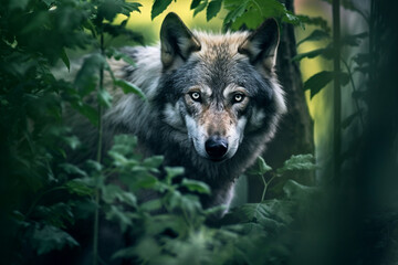 Portrait of a wolf in a dark forest. Wild animal in natural habitat. AI generated