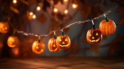 a string of halloween lights with jack'o lanterns hanging from them