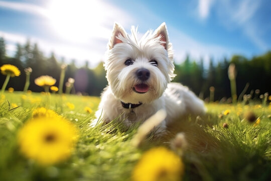 West highland white terrier on green grass with yellow flowers. AI generated