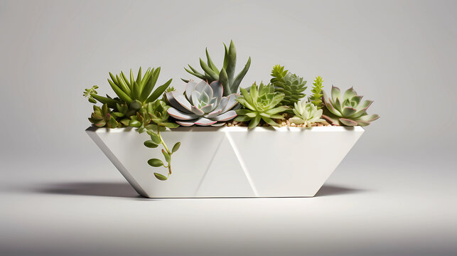 Modern geometric shaped planter housing an assortment of vibrant succulents