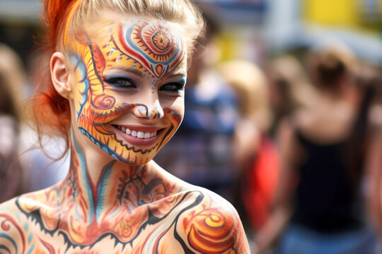 Smiling model at a festival in colourful bodypaint.