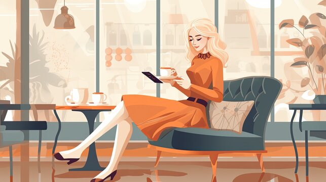 Woman at a cafe with tablet computer flat illustration - Generative AI.