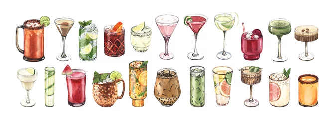 Foto op Plexiglas Watercolor cocktail glasses set: martini, gin, wine, margarita, goblet, liquor, rum. Hand-drawn illustration isolated on white background. Perfect for recipe lists with alcoholic drinks, for cafe © Arsenova