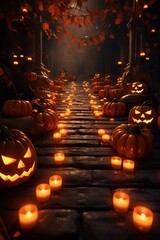 many halloween pumpkins and candles are placed in a walkway