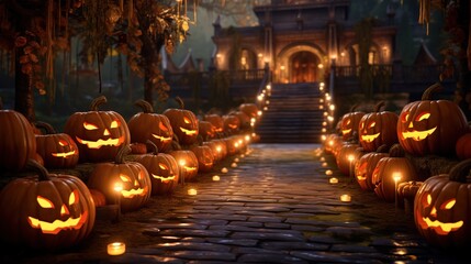 many halloween pumpkins and candles are placed in a walkway