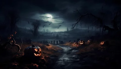 Foto op Plexiglas Dark Halloween landscape illustration with pumpkins, Generative AI © Andrii Fanta