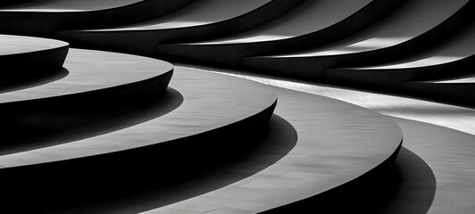 Rounded architecture of stairs. Curvilinear steps. Modern minimalistic geometric background. Art black and white construct