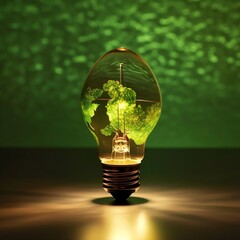 Renewable Energy: Green World Map on Light Bulb for Sustainable and Environmental Protection, Generative AI