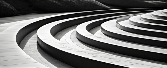 Rounded architecture of stairs. Curvilinear steps. Modern minimalistic geometric background. Art black and white construct