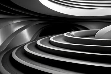 Rounded architecture of stairs. Curvilinear steps. Modern minimalistic geometric background. Art black and white construct