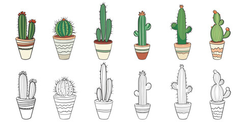 Set with stickers in color and hand-drawn style. Vector cacti isolated on white background. 