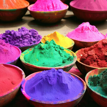 Gulal pigments in bowls separate colors for Holi festival of colours.generative AI