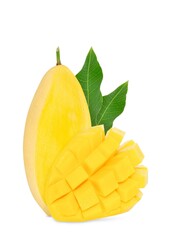 Mango isolated. Fresh organic mango with leaves on white background. Mango with clipping path