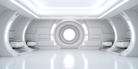 A white room with a round window in it. Generative AI.