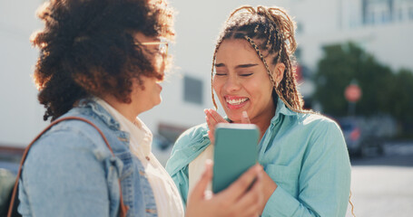 5g technology, cellphone and smile of happy girls with mobile for comic meme, comedy or joke on...