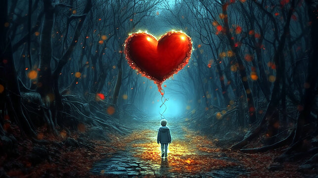 Lonely child on forest path, darkness, fog, creepy scenery. Big red heart as a balloon. Loneliness, hope, faith concept. Ai illustration, fantasy digital painting, Generative AI