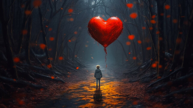 Lonely child on forest path, darkness, fog, creepy scenery. Big red heart as a balloon. Loneliness, hope, faith concept. Ai illustration, fantasy digital painting, Generative AI