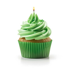 green cupcake with candle on white background