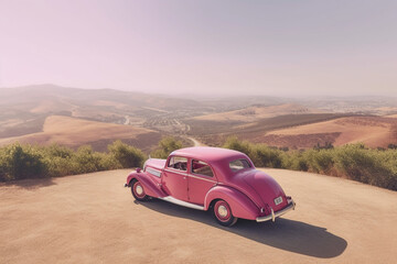 Pink retro car parked on a scenic overlook, offering panoramic views of rolling hills and valleys, enhancing a romantic atmosphere, scenic background Generative AI