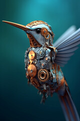 Humming-bird robot. Artificial humming-bird. The concept of the future. AI illustration, digital fantasy, artificial intelligence artwork