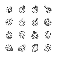 Set of climate change icons, Global warming effect , earthquake, flooding, extreme temperature, ice melting. vector illustration