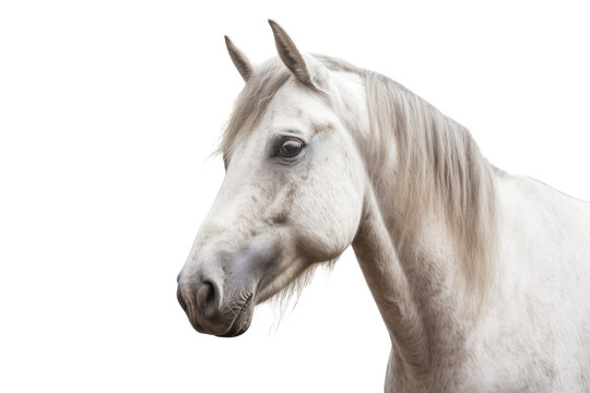 Portrait of a full grown white horse, head, isolated (Generative AI)