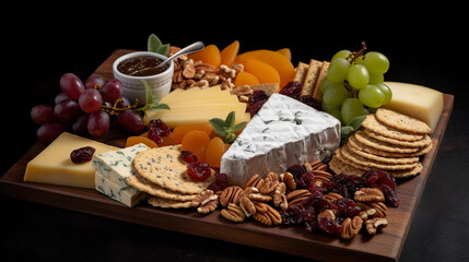 Obraz na płótnie Canvas A platter of assorted gourmet cheeses, accompanied by dried fruits and artisan crackers