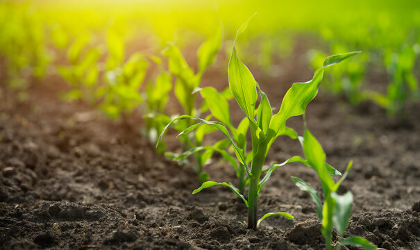 Close up rows of young corn shoots on organic cornfield of black soil.