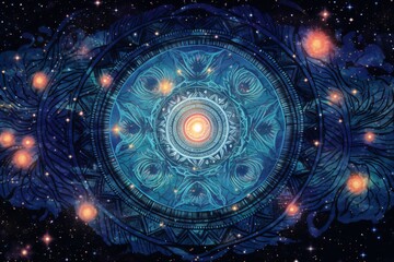 Cosmos with this captivating artwork featuring a mesmerizing circular design against a backdrop of deep blues and blacks, reminiscent of a cosmic galaxy, evoking a sense of wonder and mystery