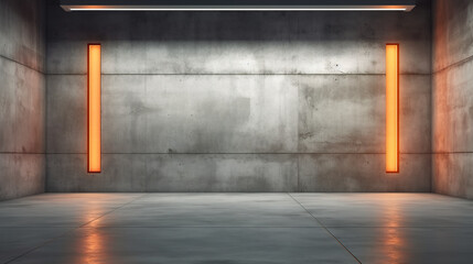 A room with a concrete wall and two orange lights. Generative AI.