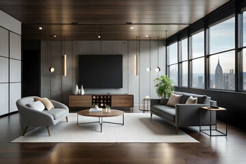 Fototapeta premium 3D mockup of canvas frame with a frame in a modern home, living room, bedroom interior background, showcasing a room in light pastel colors, Created using AI