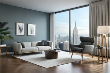 Fototapeta premium 3D mockup of canvas frame with a frame in a modern home, living room, bedroom interior background, showcasing a room in light pastel colors, Created using AI